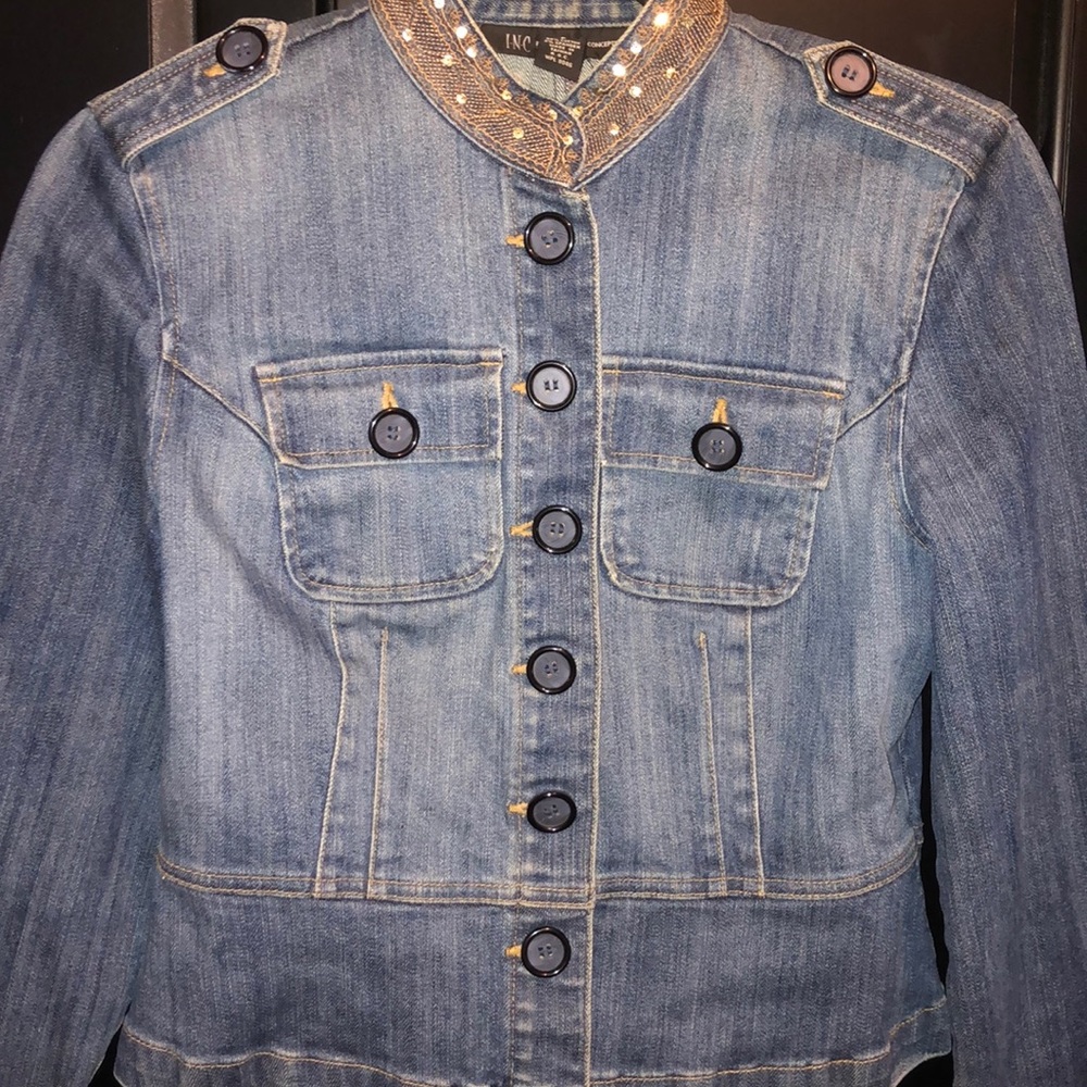 INC  Adorable Sequins Rhinestones & Metallic Cropped Denim Jacket-4P-#0051 - Picture 2 of 7